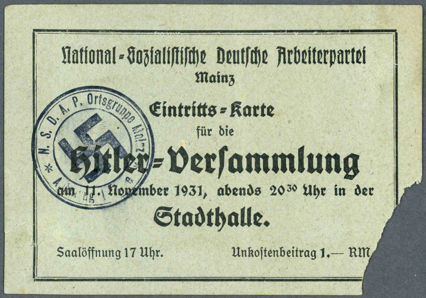 Ticket for a speech by Adolf Hitler in Mainz's Stadthalle in front of 20,000 participants